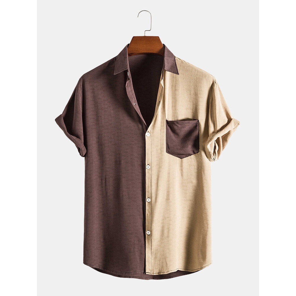 Mens Cotton Linen Preppy Two Tone Patchwork Shirts - Coffee S