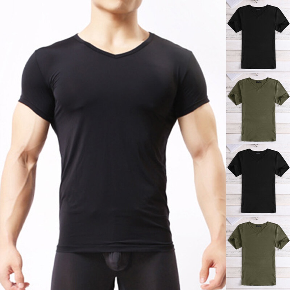 Men's V Neck Gym Sport Muscle Slim Fit Tee Casual Short Sleeve Tops T-shirt 2019 - L Army