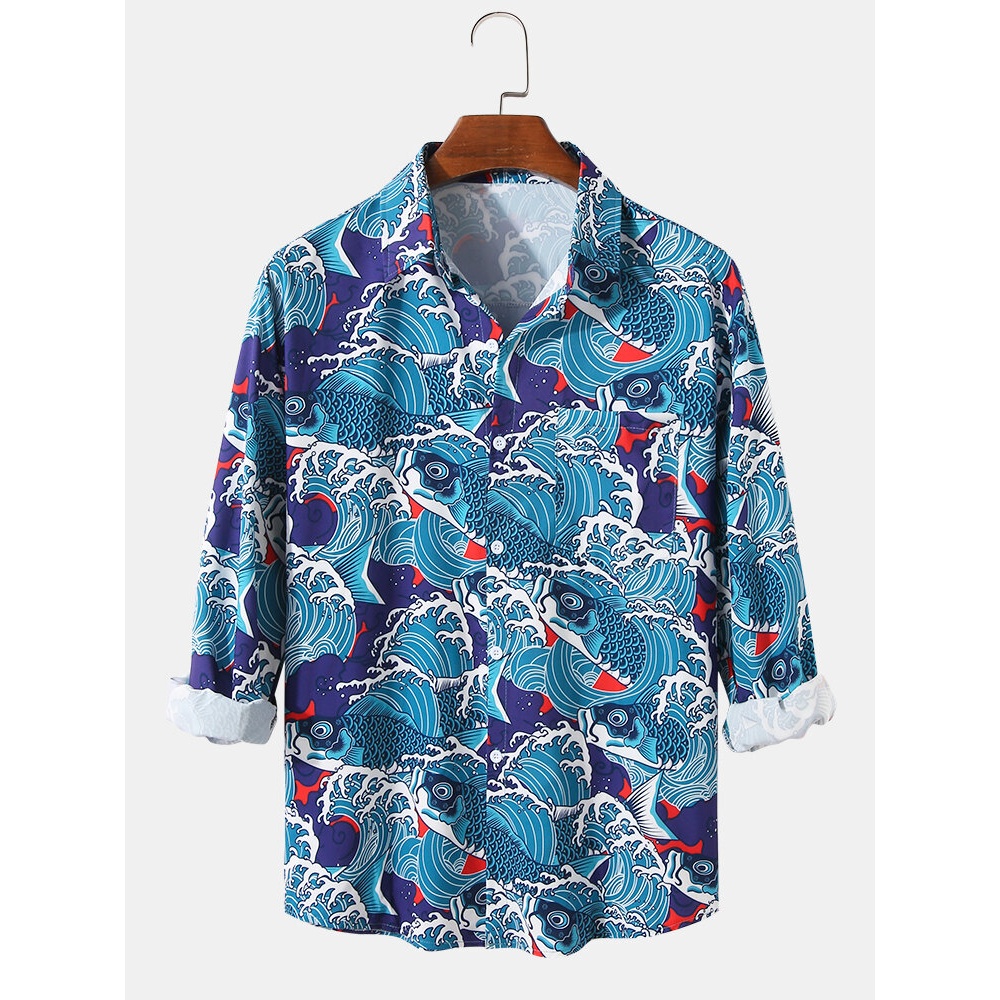 Mens Fish Print Button Up Long Sleeve White Shirts With Pocket - Blue XL