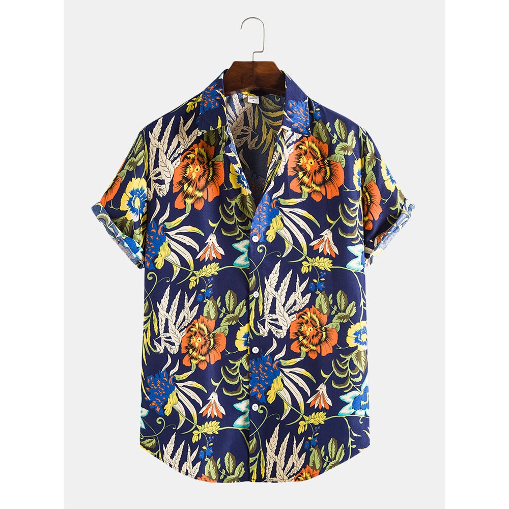 Mens Floral Graphics Holiday Short Sleeve Curved Hem Shirt - Navy L