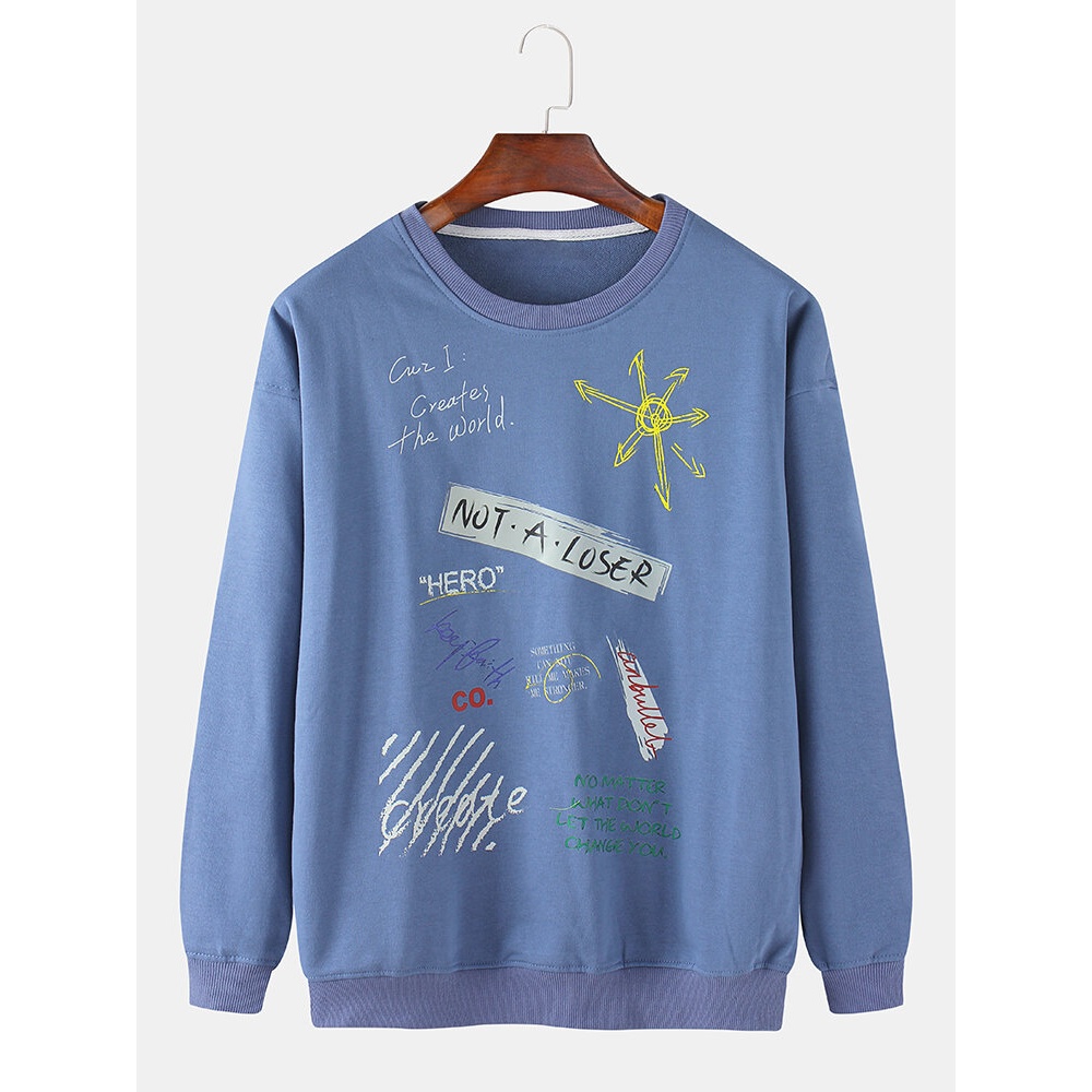 Mens Cotton Hand Painted Letter Print Crew Neck Casual Loose Fit Sweatshirts - White L