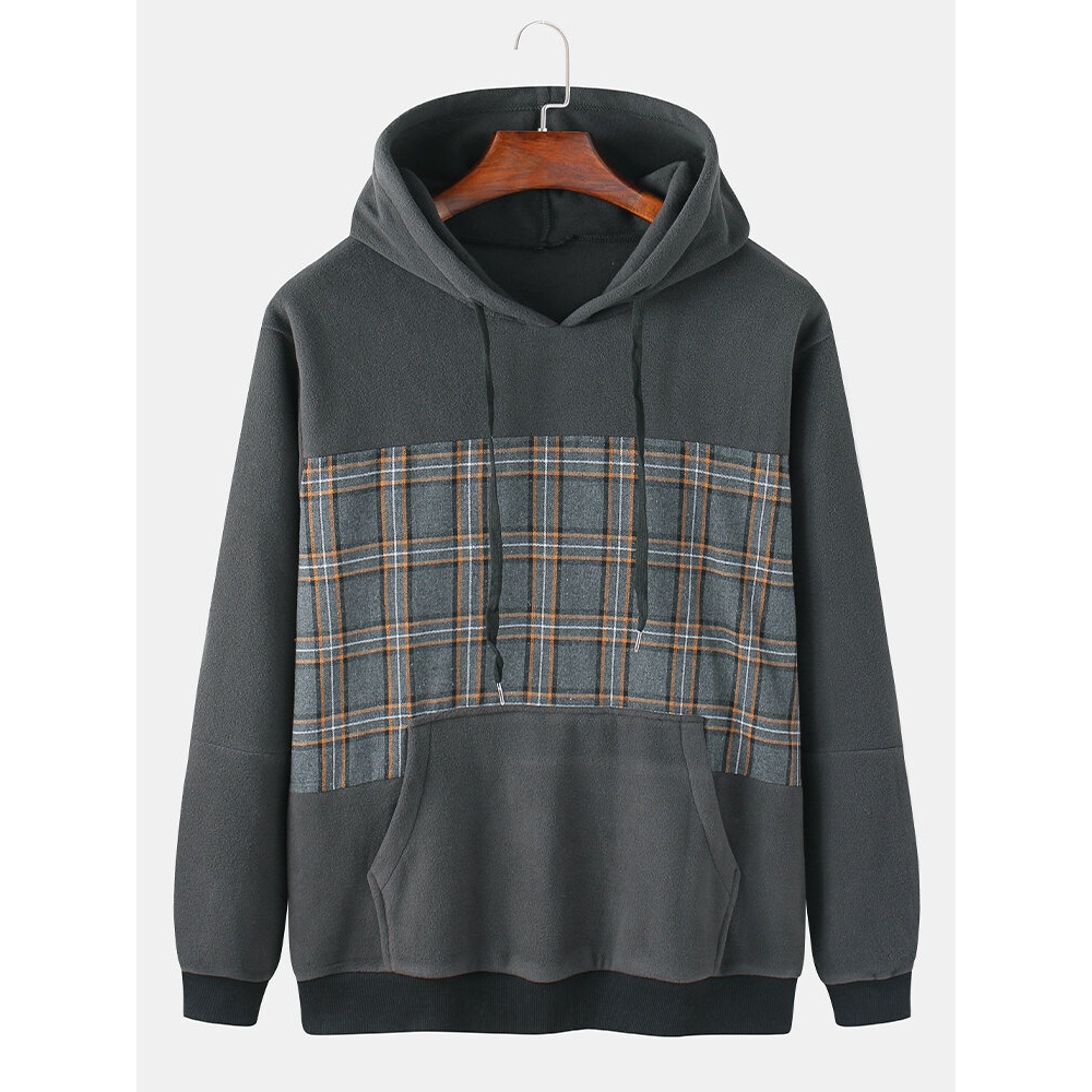 Mens Cotton Patchwork Tartan Check Long Sleeve Casual Drawstring Hoodies With Kangaroo Pocket - Dark Grey 2XL