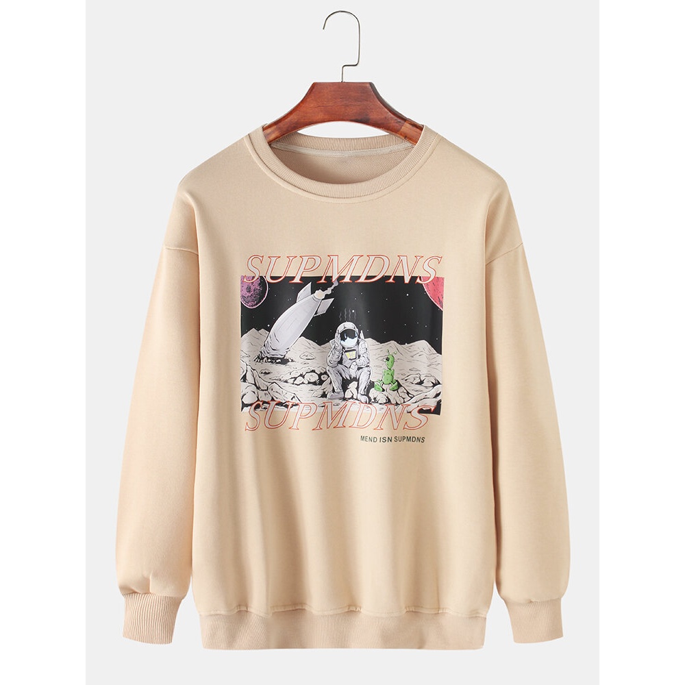 Mens Cotton Astronaut Letter Graphic Print Crew Neck Relaxed Fit Sweatshirts - Khaki L