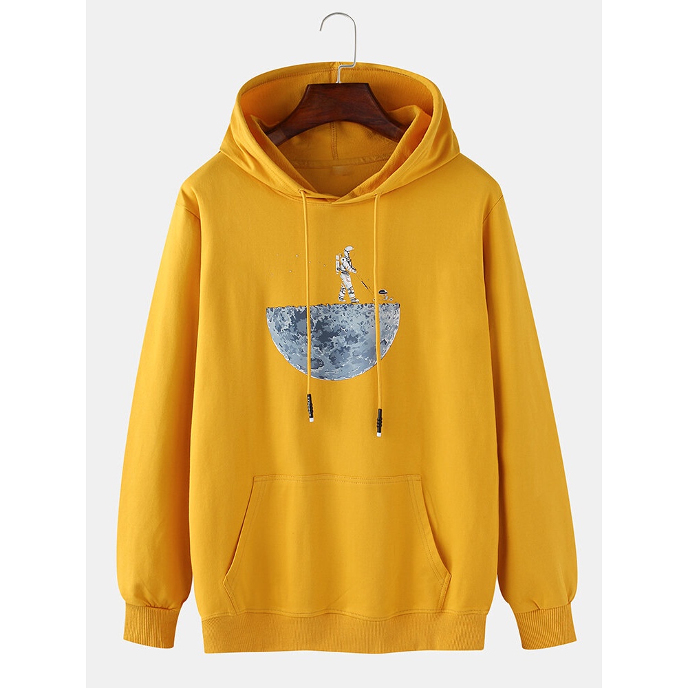 Mens Cotton Space Astronaut Printed Casual Drawstring Hoodies With Kangaroo Pocket - Black S