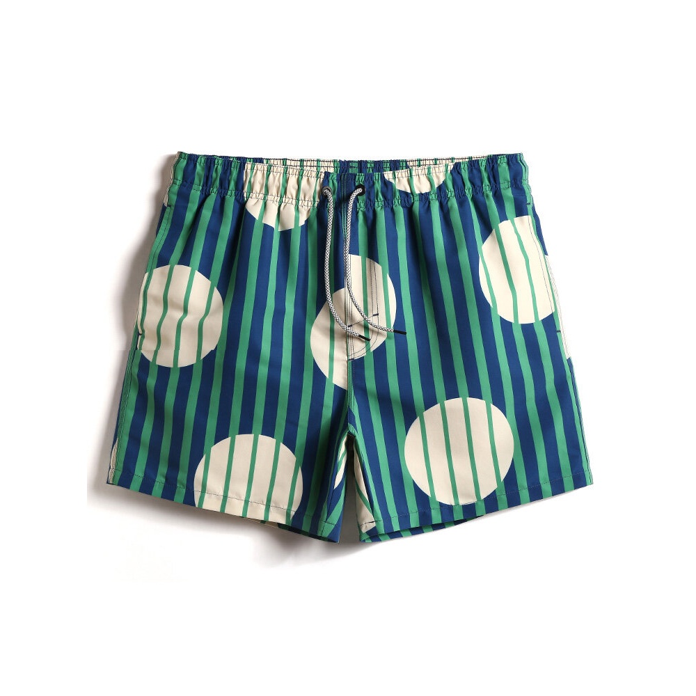 Mens Striped & Circle Print Quick-Drying Drawstring Beach Shorts - Green S