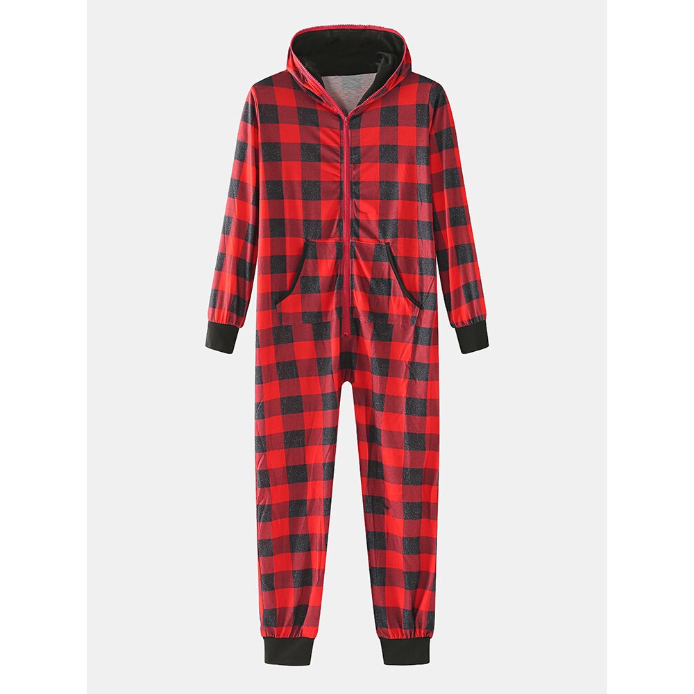 Mens Classical Plaid Print Front Pocket Long Sleeve Zipper Hooded Jumpsuit Home One-Piece Pajamas - Red M