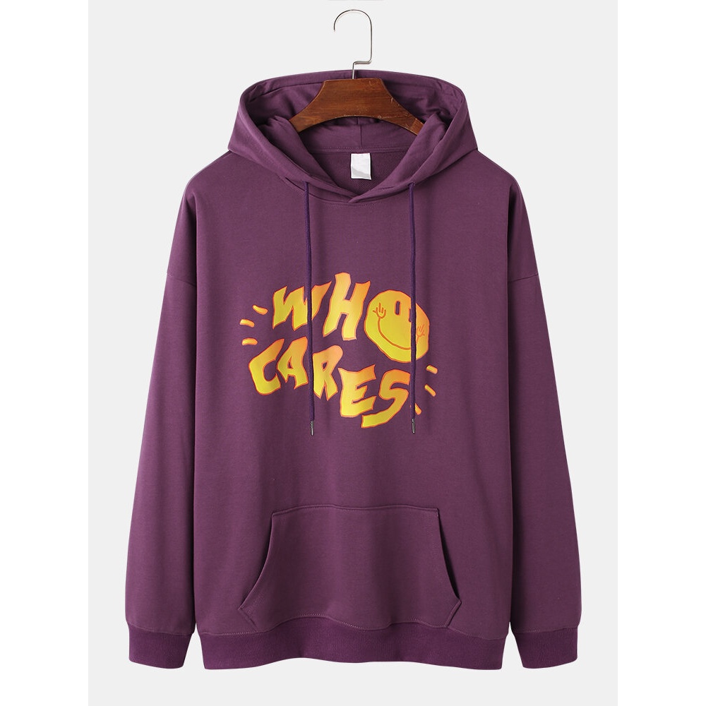 Mens Cartoon Smile Letter Print Cotton Casual Drop Shoulder Pullover Hoodies - Orange 2XL