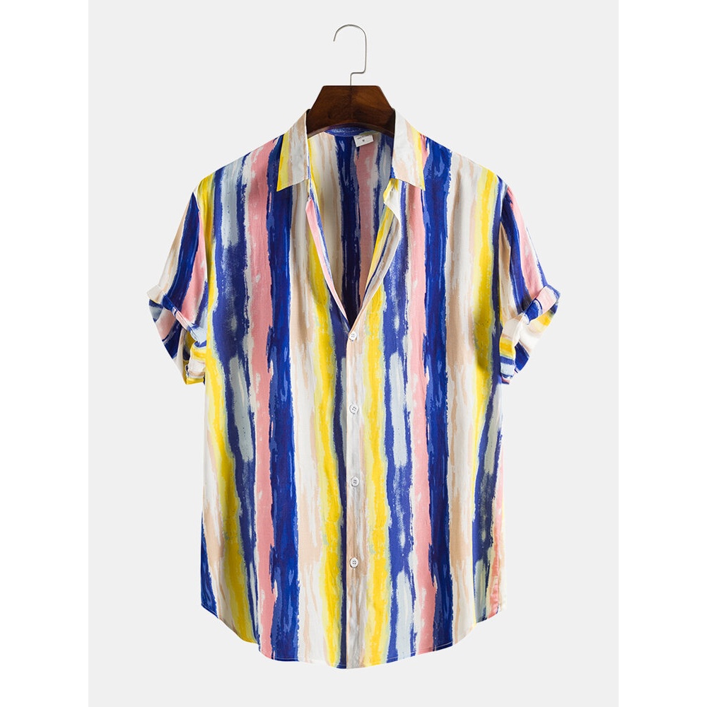 Mens Colorful Stripe Lapel Short Sleeve Shirt - Pink M