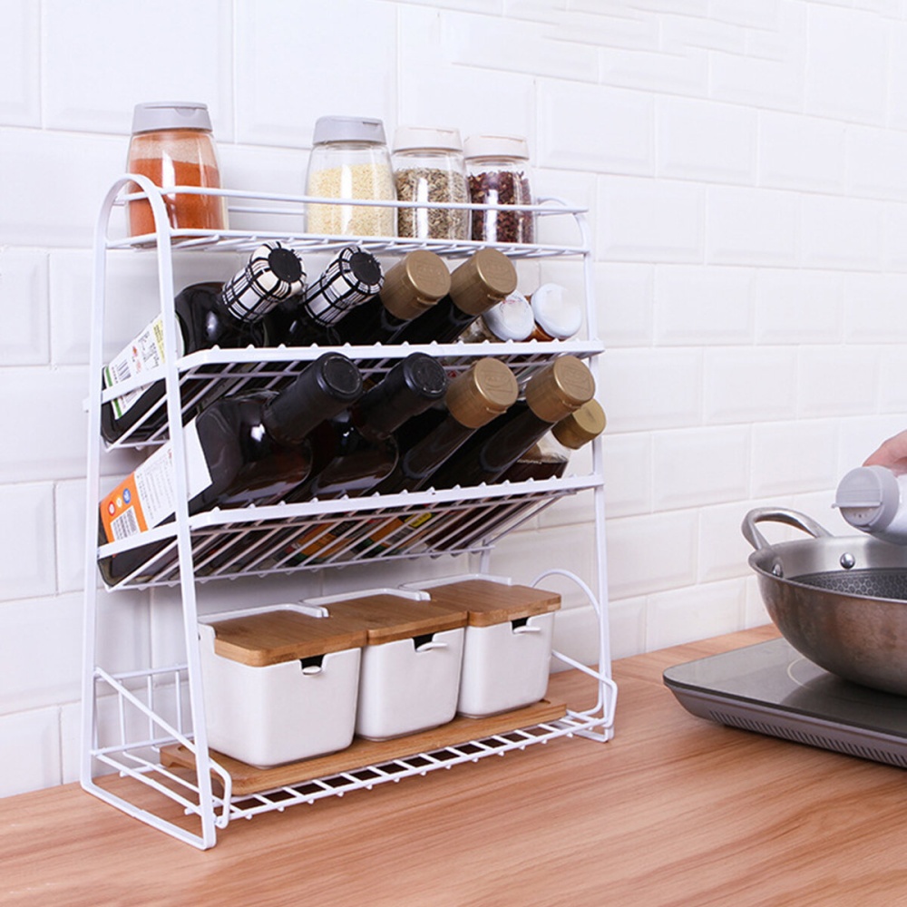 4 Tiers Metal Kitchen Spice Rack Jars Bottle Organizer Bathroom Storage Shelf - Black - Image 2