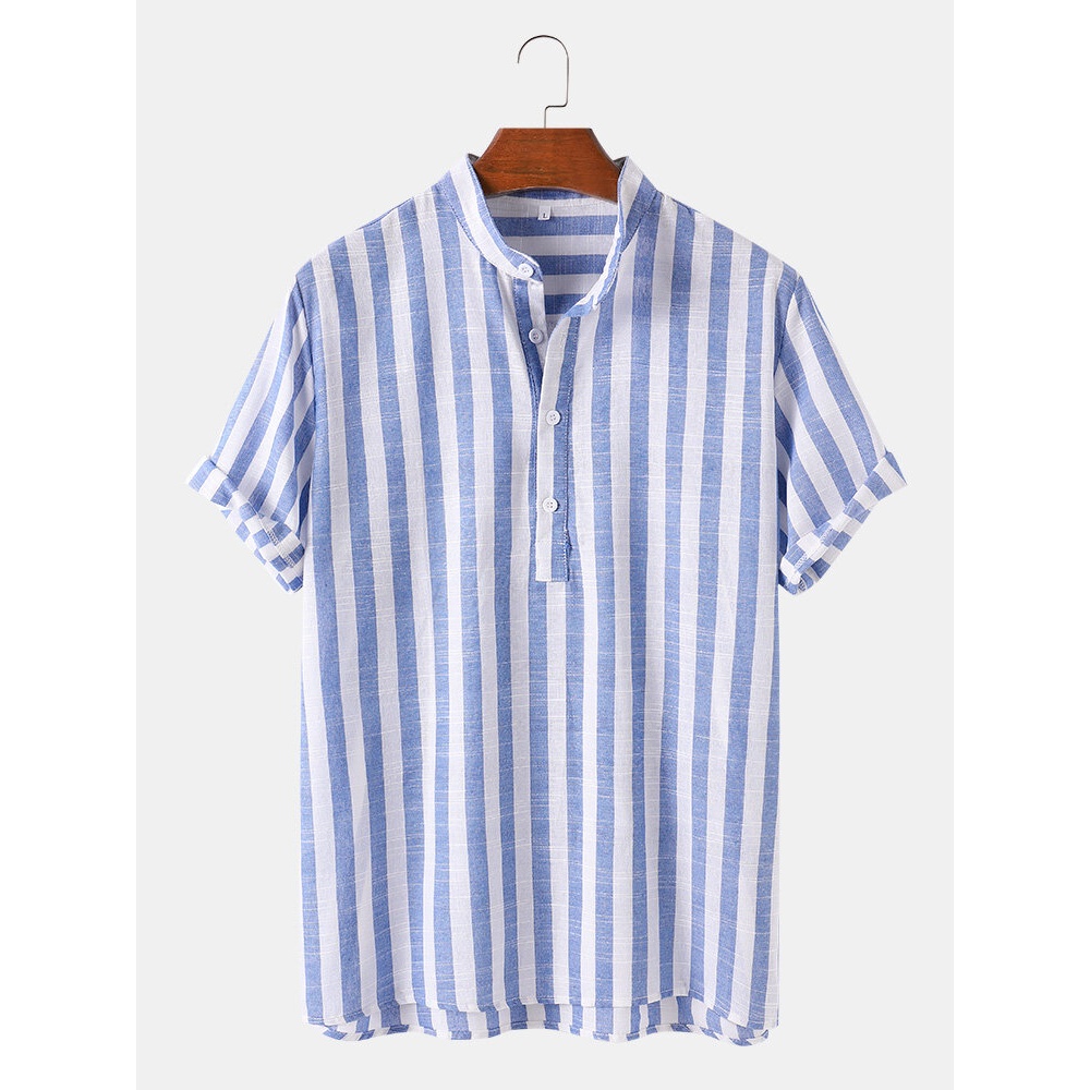 Mens Vertical Stripe Stand Collar Casual Breathable Short Sleeve Henley Shirts - Blue S