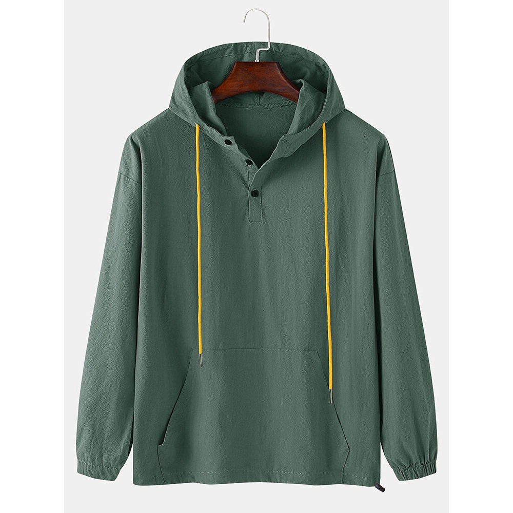 Mens Cotton Solid Color Loose Button Drawstring Hoodie With Pouch Pocket - Grey L