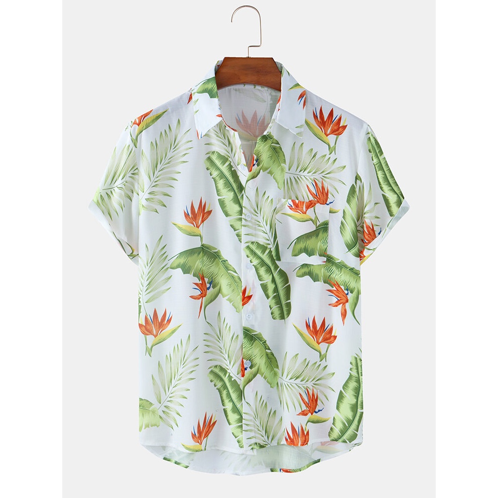 Jay Chou Mojito Same Style Tropical Leaves Print Chest Pocket Lapel Collar Hawaii Holiday Short Sleeve Shirts - White XL