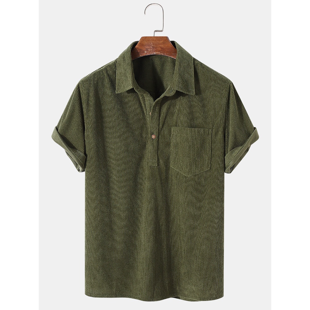 Mens Solid Color Basic Style Corduroy Lapel Short Sleeve Henley Shirt - Green S