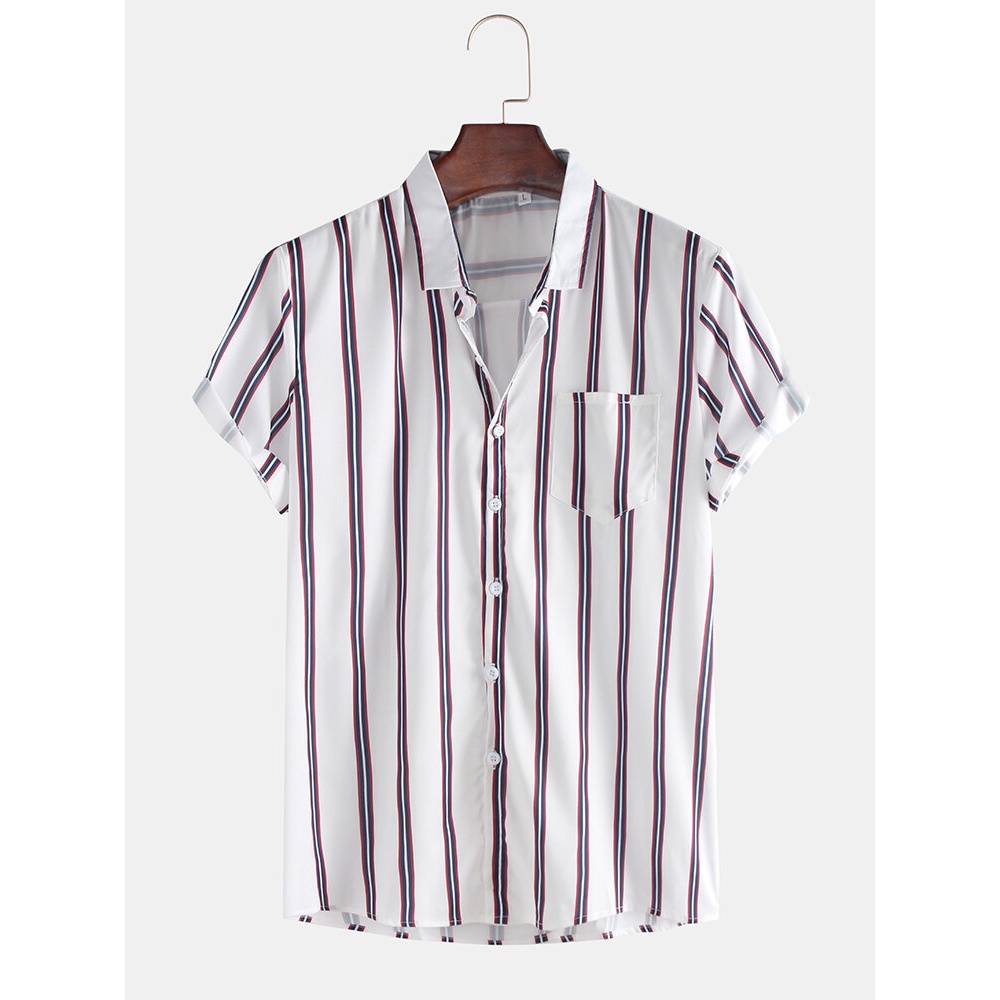 Mens Fashion Breathable Multi Colors Stripe Chest Pocket Short Sleeve Casual Shirts - White S