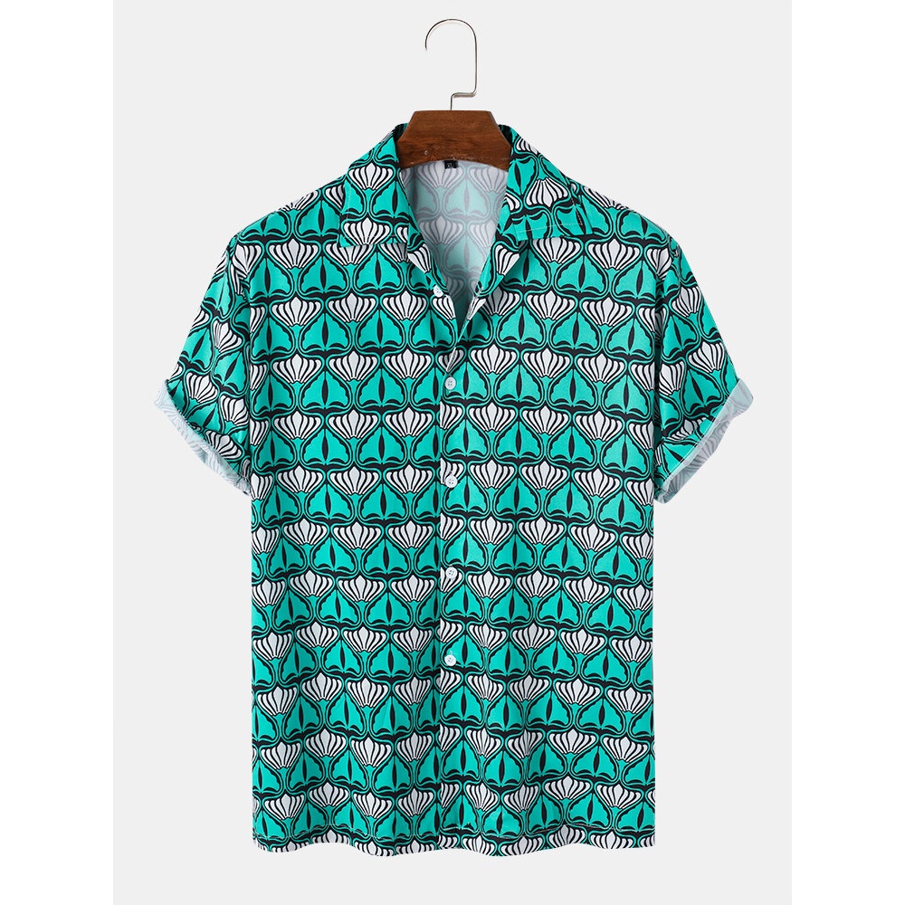 Mens Allover Abstract Print Button Up Street Short Sleeve Shirts - Green S