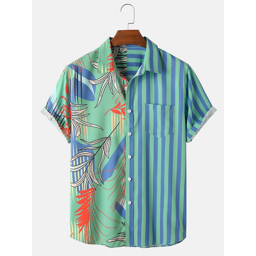 Patchwork Turn Down Collar Short Sleeve Shirts - Orange S