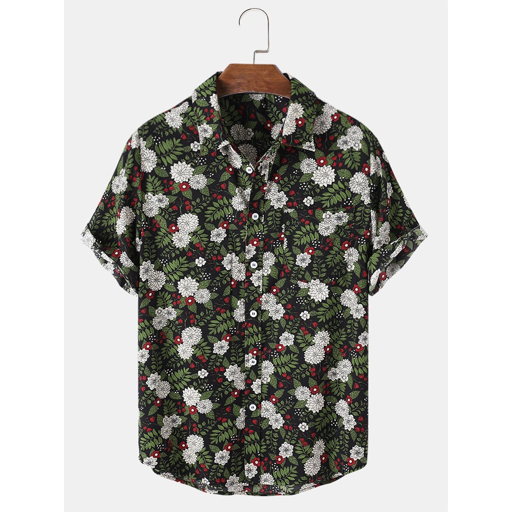 Mens Tropical Plant Floral Print Lapel Short Sleeve Holiday Shirts - Green S