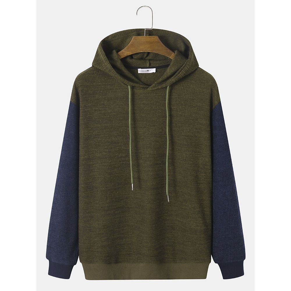 Men Patchwork Drawstring Bodycon Hem Casual Hooded Sweatshirt - Army Green S