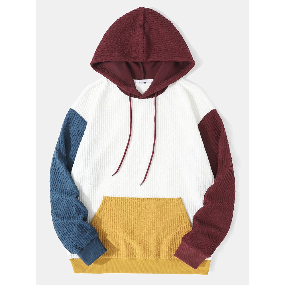 Men Knitted Patchwork Drawstring Kangaroo Pocket Hooded Sweatshirt - White S