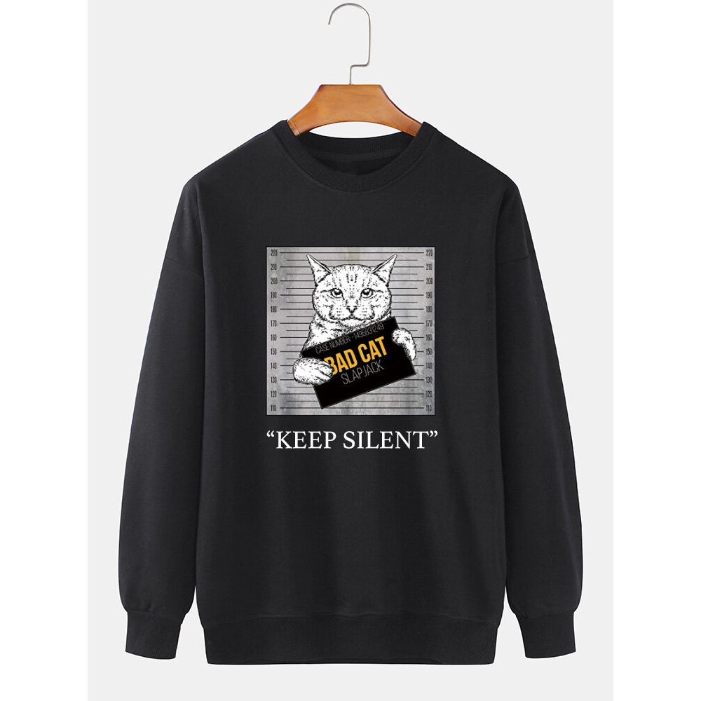 Mens Bad Cat Graphic Print Crew Neck Casual Loose Pullover Sweatshirt - Black S