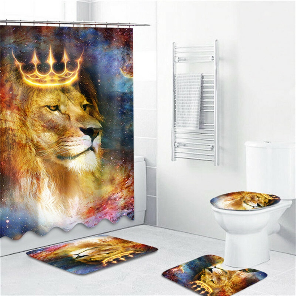 180cmx180cm Crown Lion Shower Curtain Set Waterproof Shower Mat Set - Single 45*75cm floor mat - Image 2