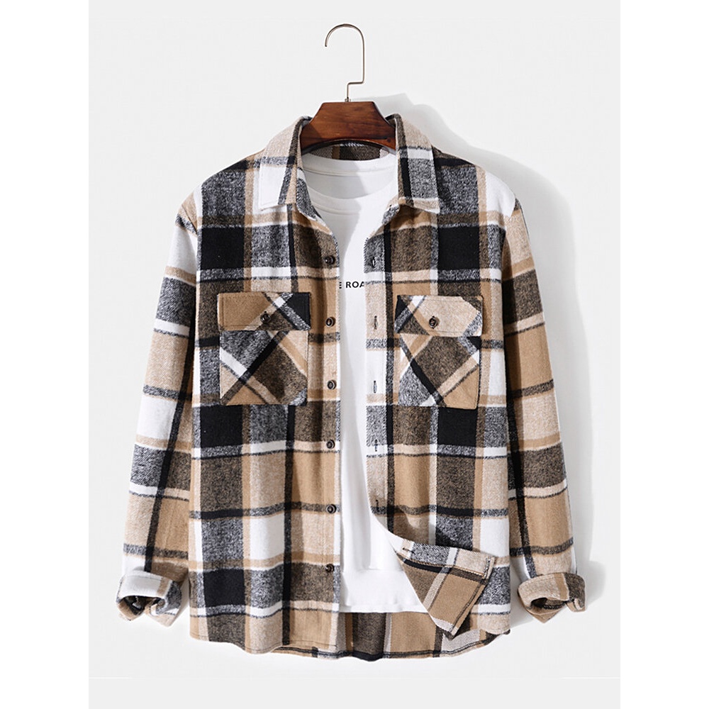 Men Plaid Double Chest Pockets Button up Lapel Contrast Casual Shirts - Khaki S