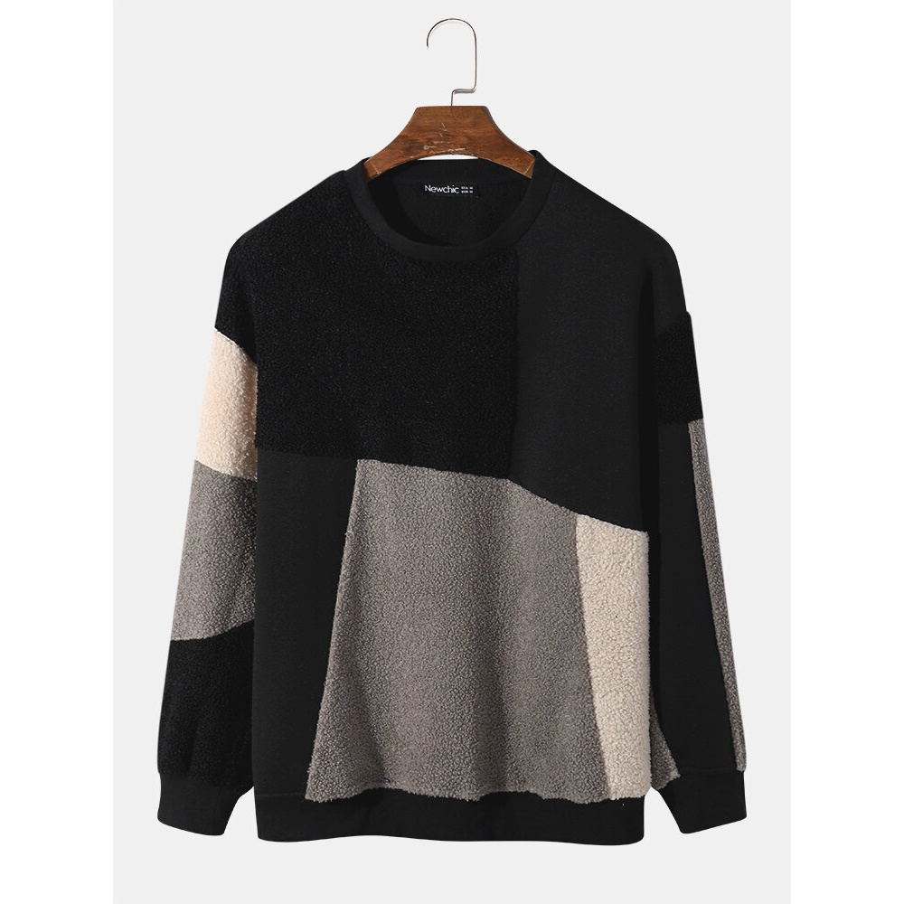 Men Teddy Color Block Patchwork Crew Neck Pullover Sweatshirts - Black S