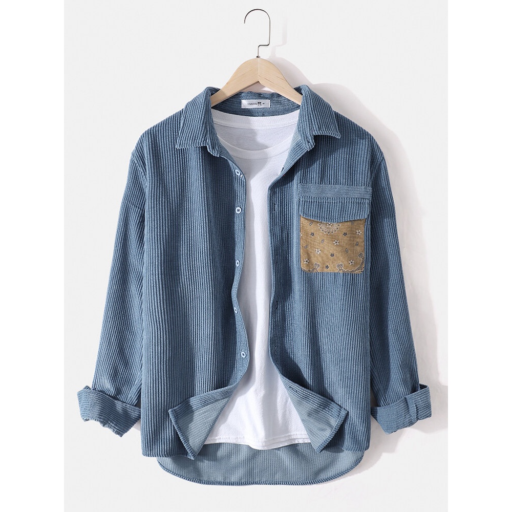 Mens Corduroy Designer Chest Pocket Casual Long Sleeve Shirts - Brown S