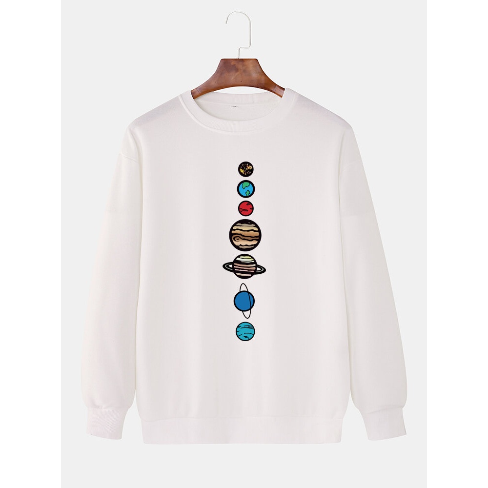 Cotton Cartoon Planet Print Long Sleeve Simple Drop Shoulder Sweatshirts For Men - Black L