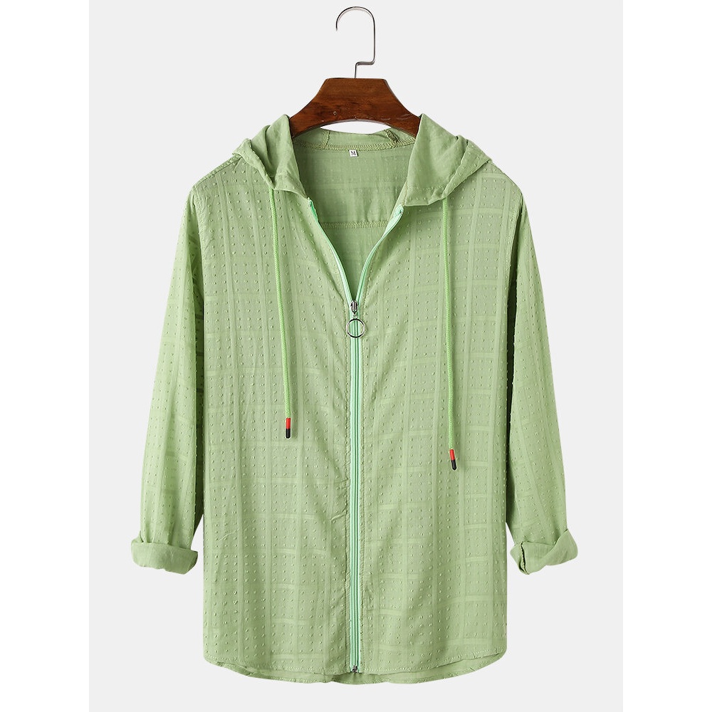 Mens Solid Color Checkered Textured Light Casual Long Sleeve Zipper Hoodies - White XL