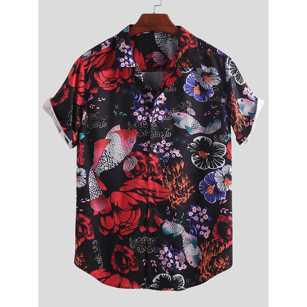 Men Animal Floral Print Short Sleeve Relaxed Revere Shirts - XL Pink