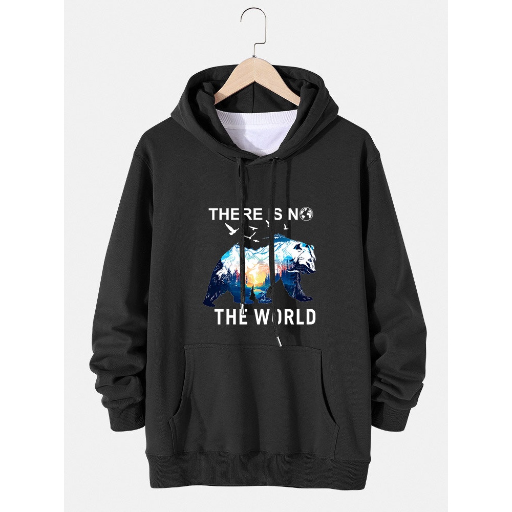 Mens Landscape Bear Print Cotton Drawstring Casual Pullover Hoodie - Black S