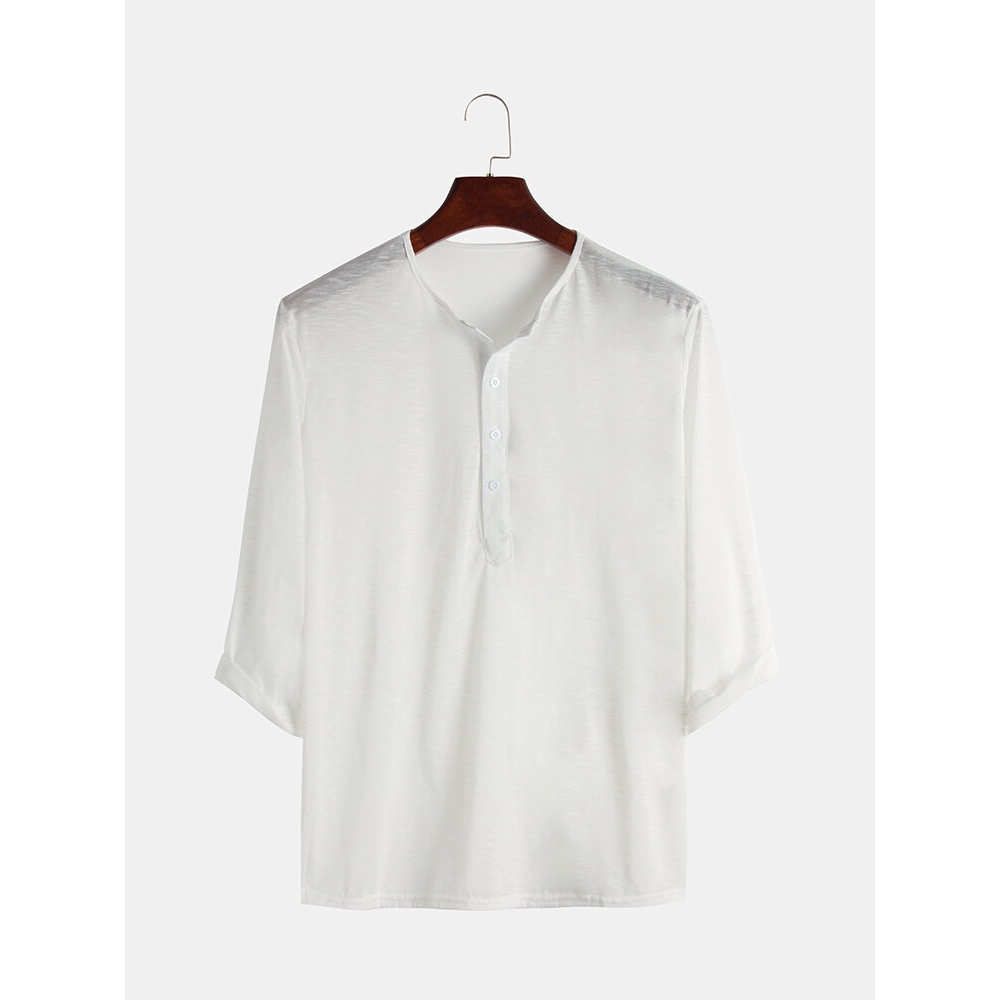 Mens Summer Plain Henley Shirts - L Light Blue