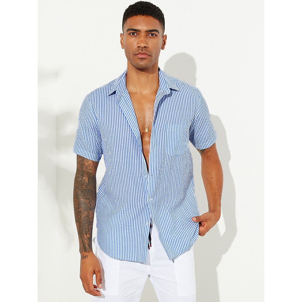 Mens Stripe Practical Pocket Breathable Loose Casual Shirts - 3XL Blue