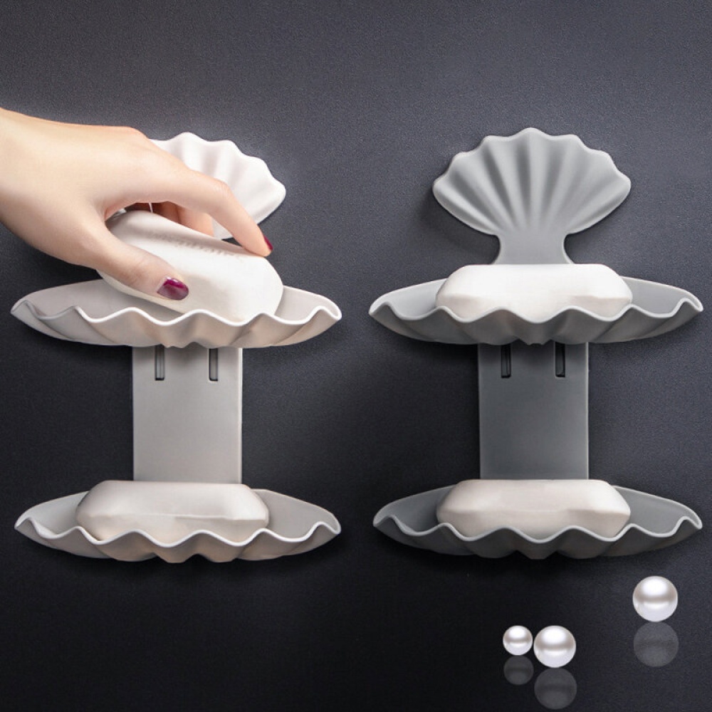 Shell Shaped Soap Box Dish Double Layer Drain Essential Oil Soap Boxes Punch-free Bathroom Shelf Toilet Storage Racks Organizer - Grey 1 Layer - Image 2