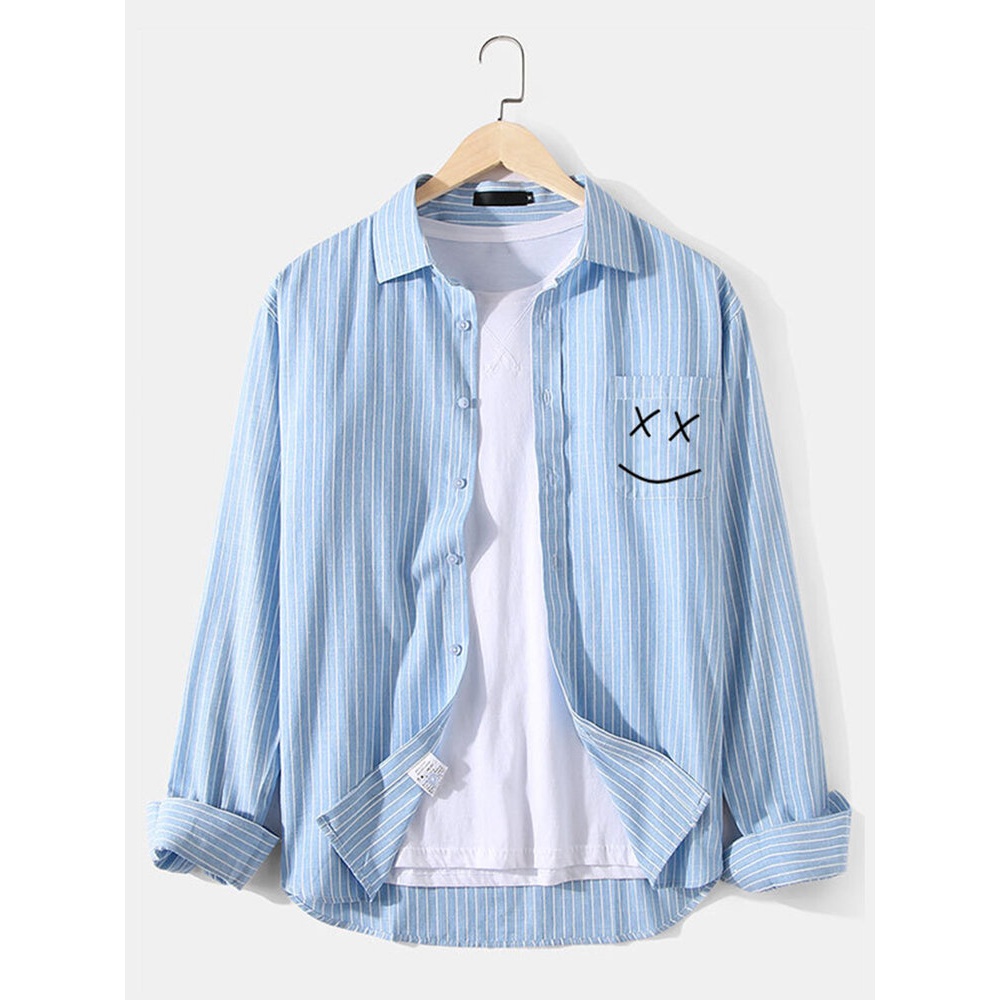 Mens Striped Print Smile Pattern Chest Pocket Long Sleeve Shirts - Green M