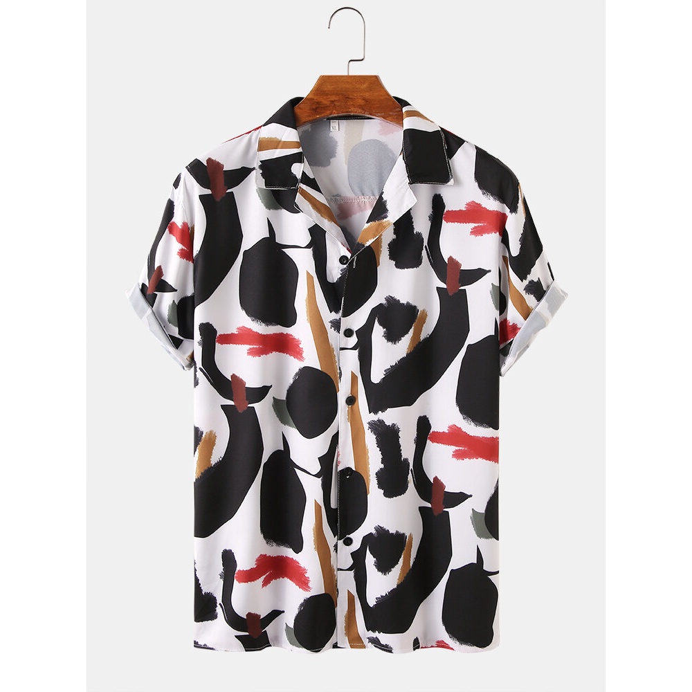 Mens Funny Graffiti Print Breathable Loose Casual Short Sleeve Shirts - Black XL