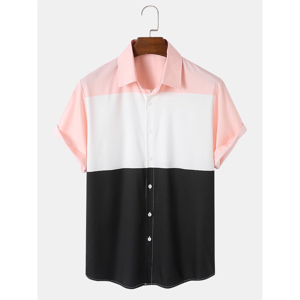 Mens Colorblock Pattern Casual Curved Hem Shirts - Pink M
