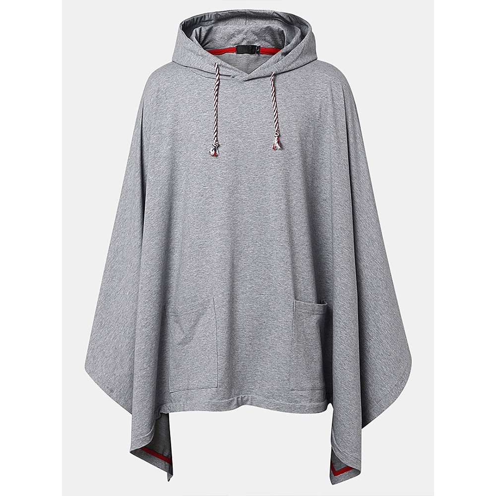 Mens Solid Color Loose Long Sleeve Cloak Drawstring Hoodies - Light Grey XL