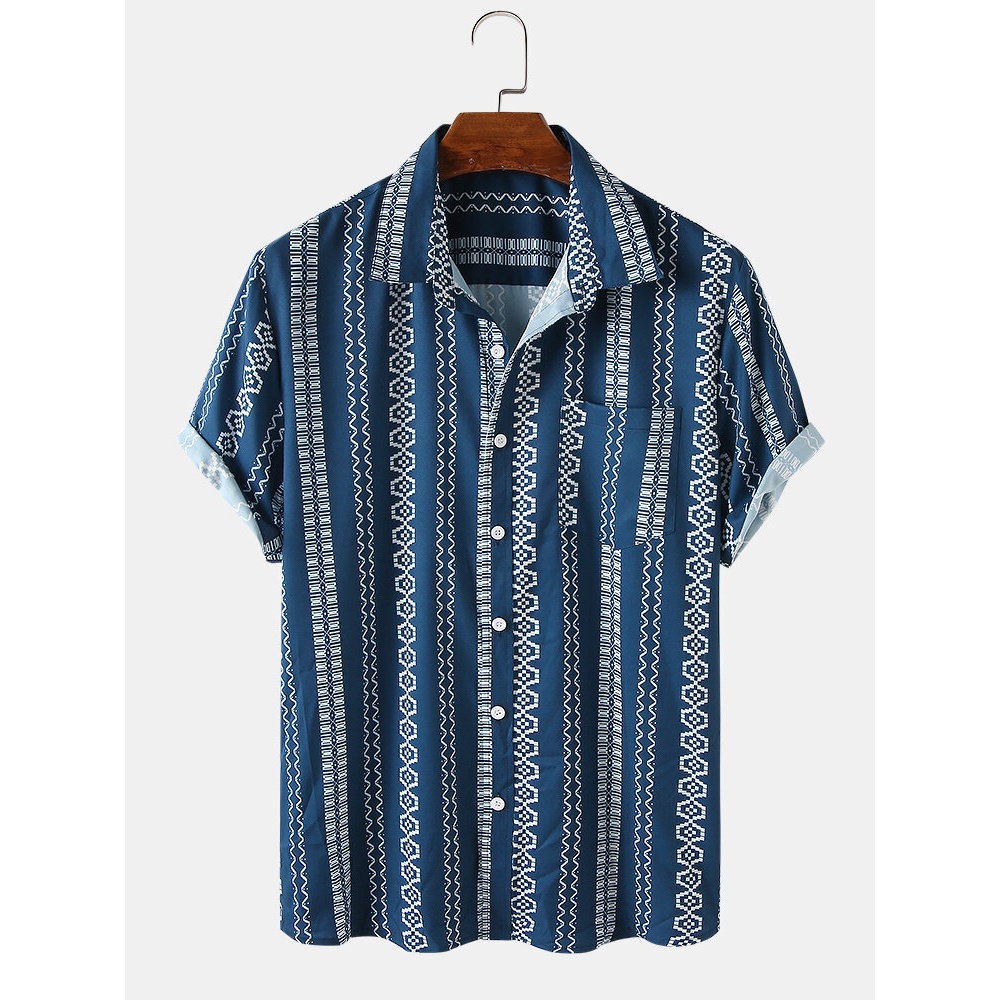 Mens Vintage Printed Light Casual Short Sleeve Designer Shirts Wtih Pocket - Blue M