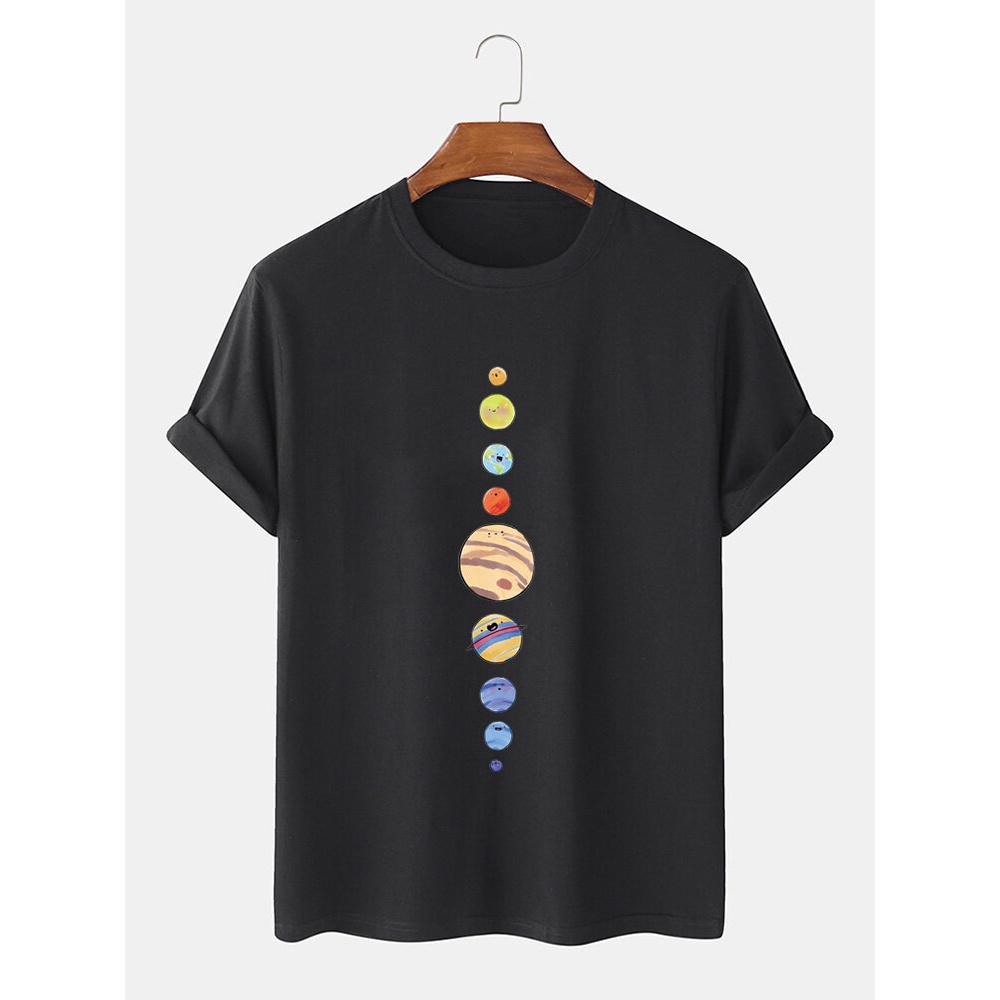 Mens Cartoon Planets Print 100% Cotton O-Neck Short Sleeve T-Shirt - Black S