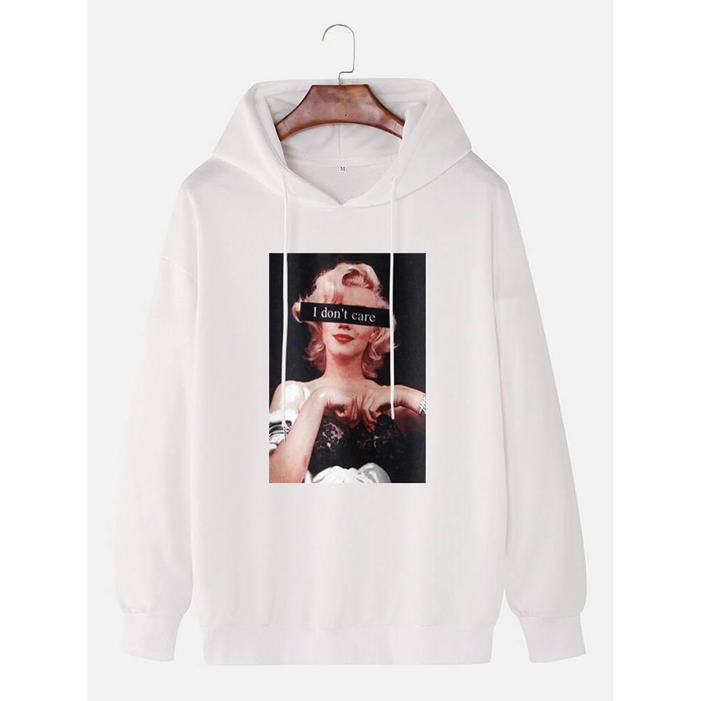 Cotton Mens Funny Figure Pattern Slogan Print Long Sleeve Drawstring Hoodies - White M