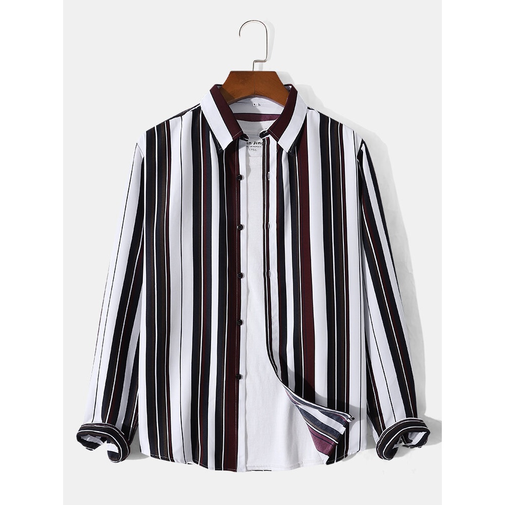 Men Striped Color Block Button up Lapel Long Sleeve Shirt - White S