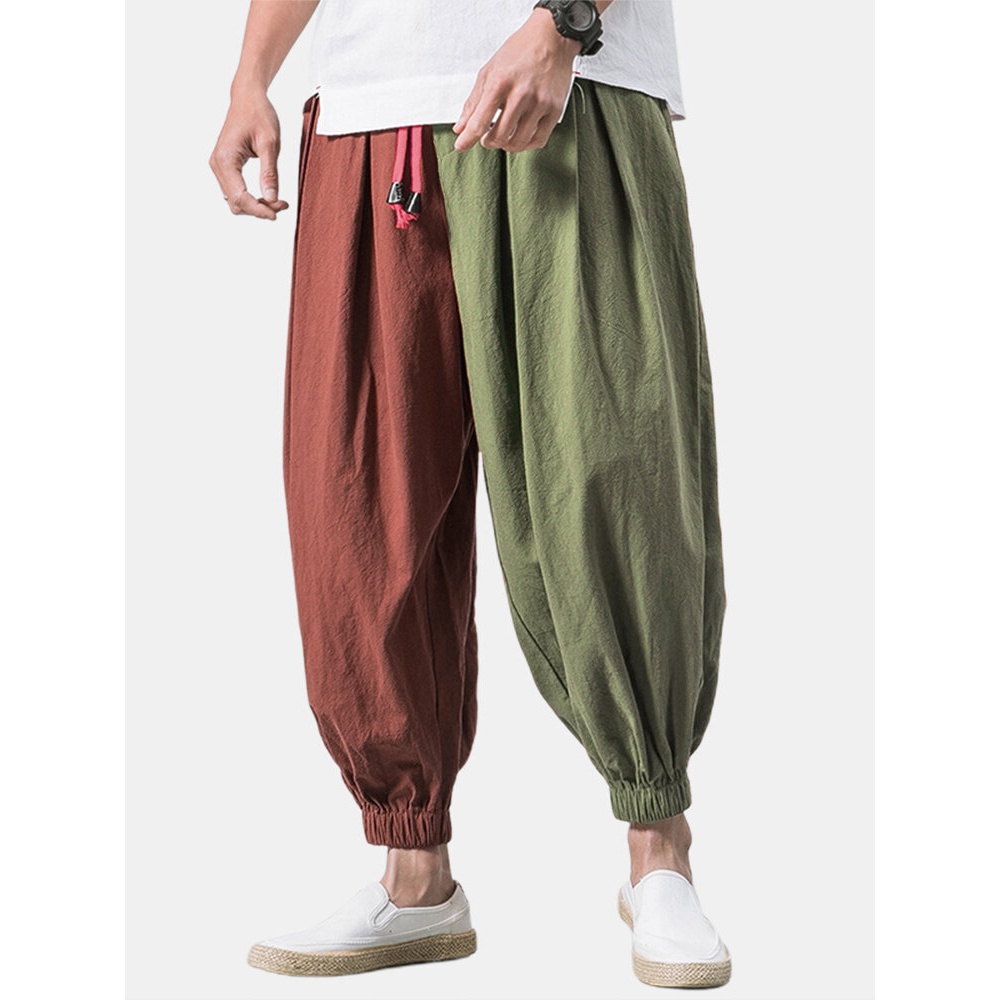 Mens Vintage 100% Cotton Patchwork Color Block Drawstring Casual Pants - Army Green S