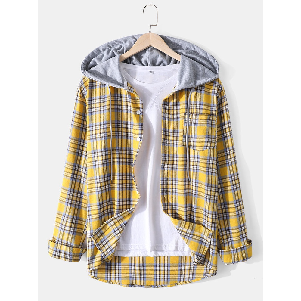 Colorful Plaid Print Chest Pocket Long Sleeve Cotton Hooded Shirts For Men - S Green