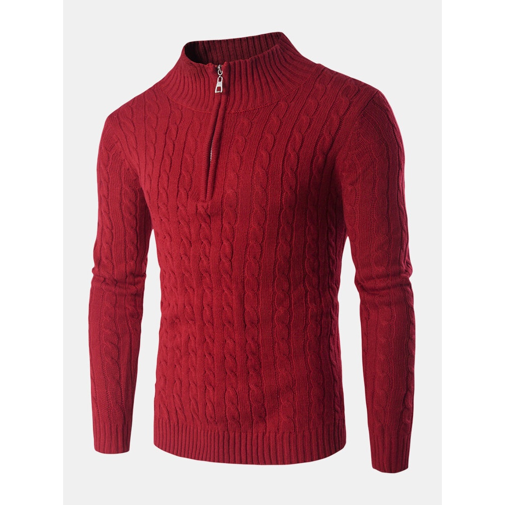 Mens Half Zipper Long Sleeve Cable Knitted Sweaters - S Red
