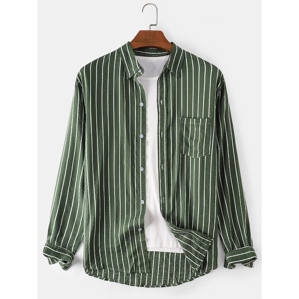 Mens Vertical Stripes Lapel Collar Long Sleeve Casual Shirts With Pocket - Black 2XL