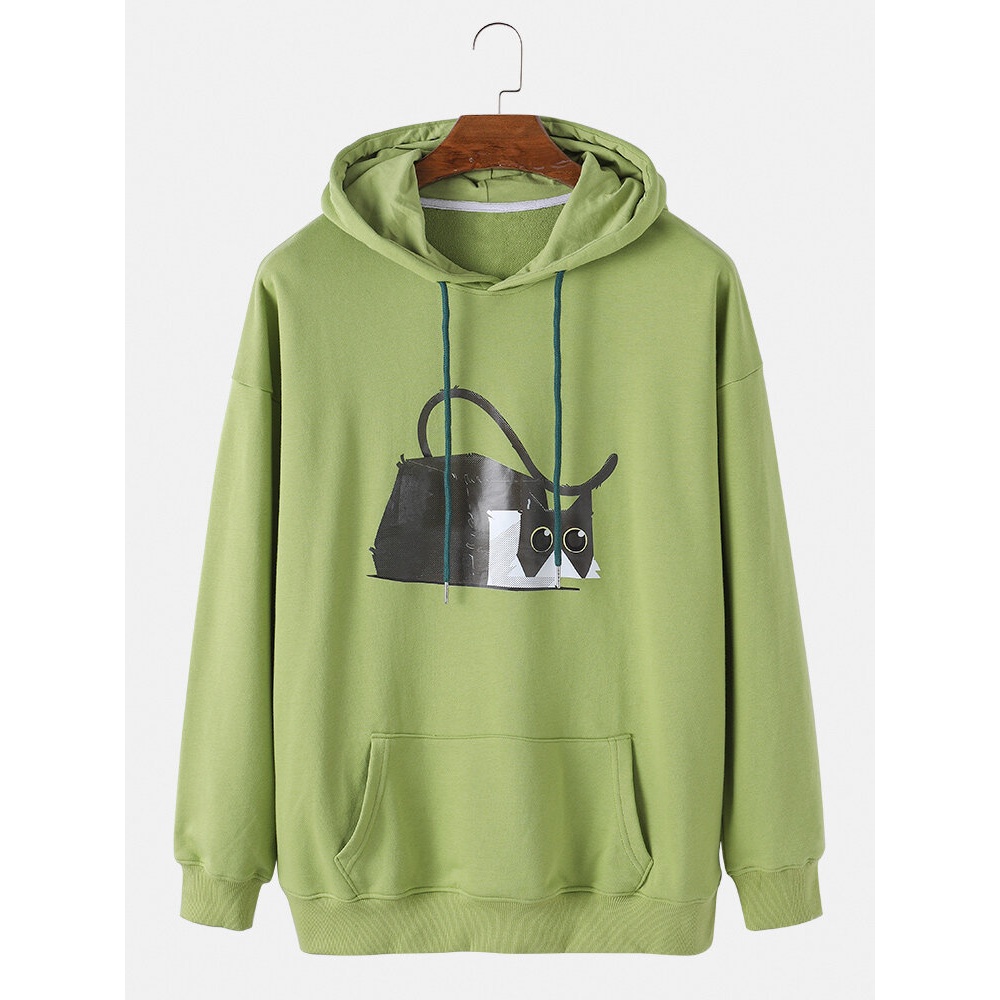 Mens Cotton Cartoon Cat Print Solid Loose Drawstring Hoodies With Kangaroo Pocket - White L