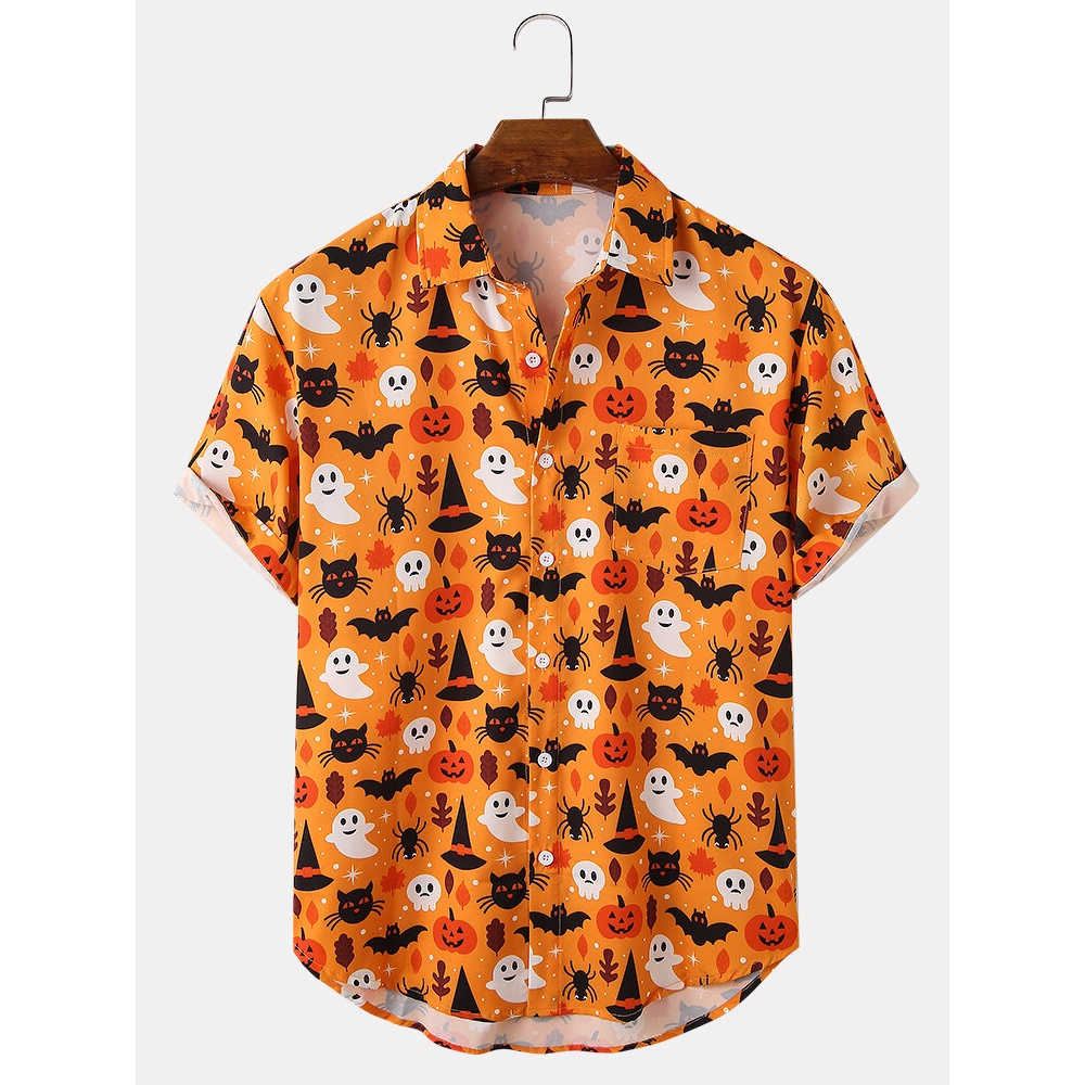 Mens  Pumpkin Cartoon Button Down Casual Short Sleeve Shirts - Yellow S