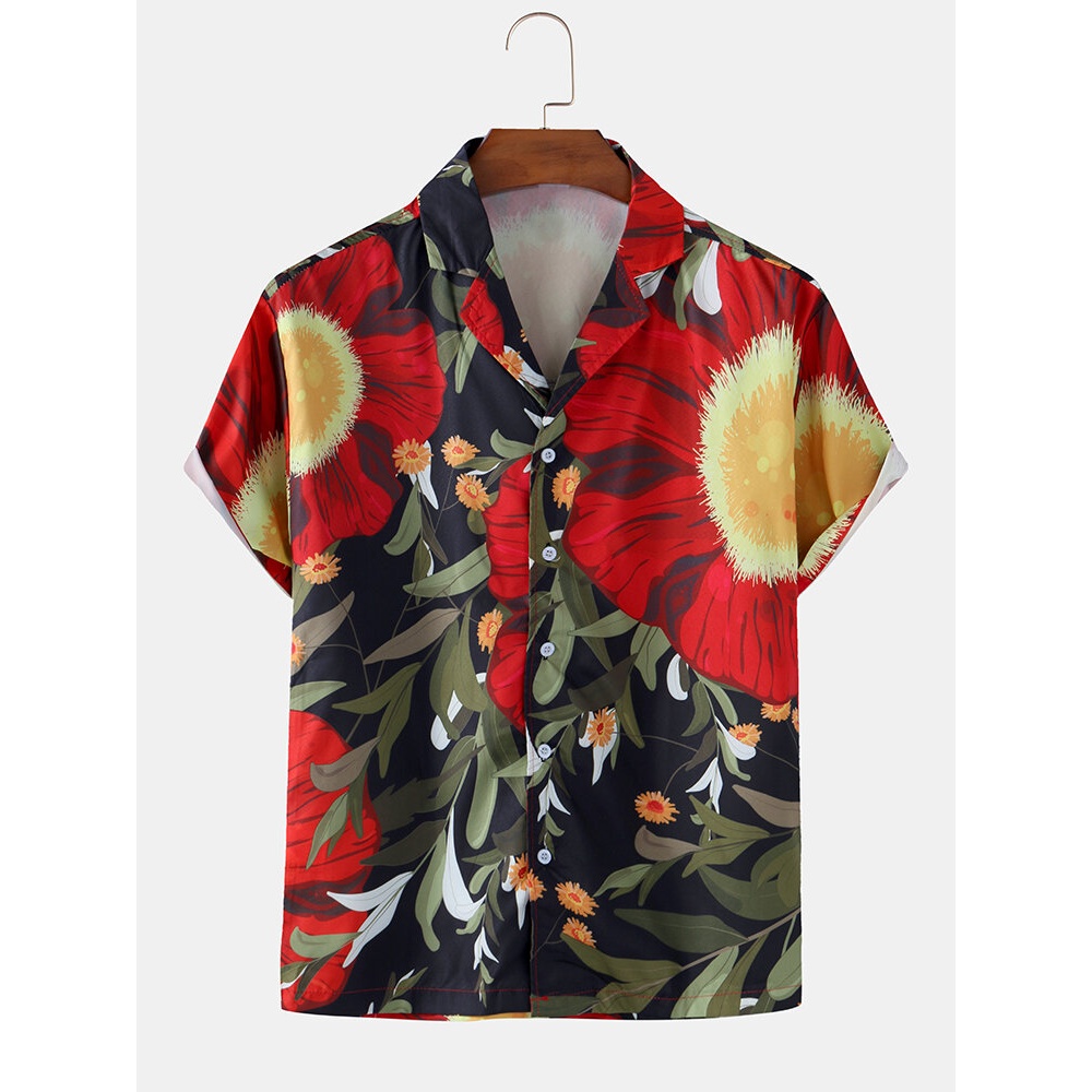 Mens Tropical Plant Print Short Sleeve Lapel Collar Hawaii Casual Shirts - Colorful M